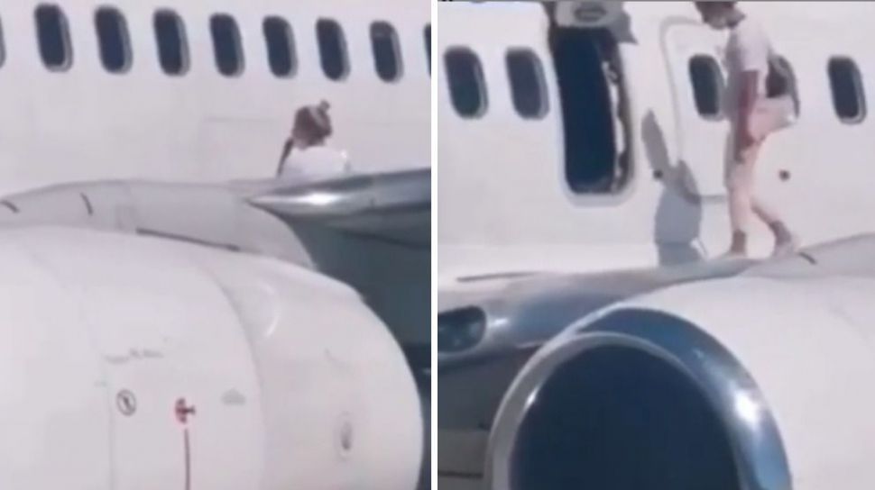 Una pasajera utiliza la salida de emergencia para dar un paseo sobre el ala del avión